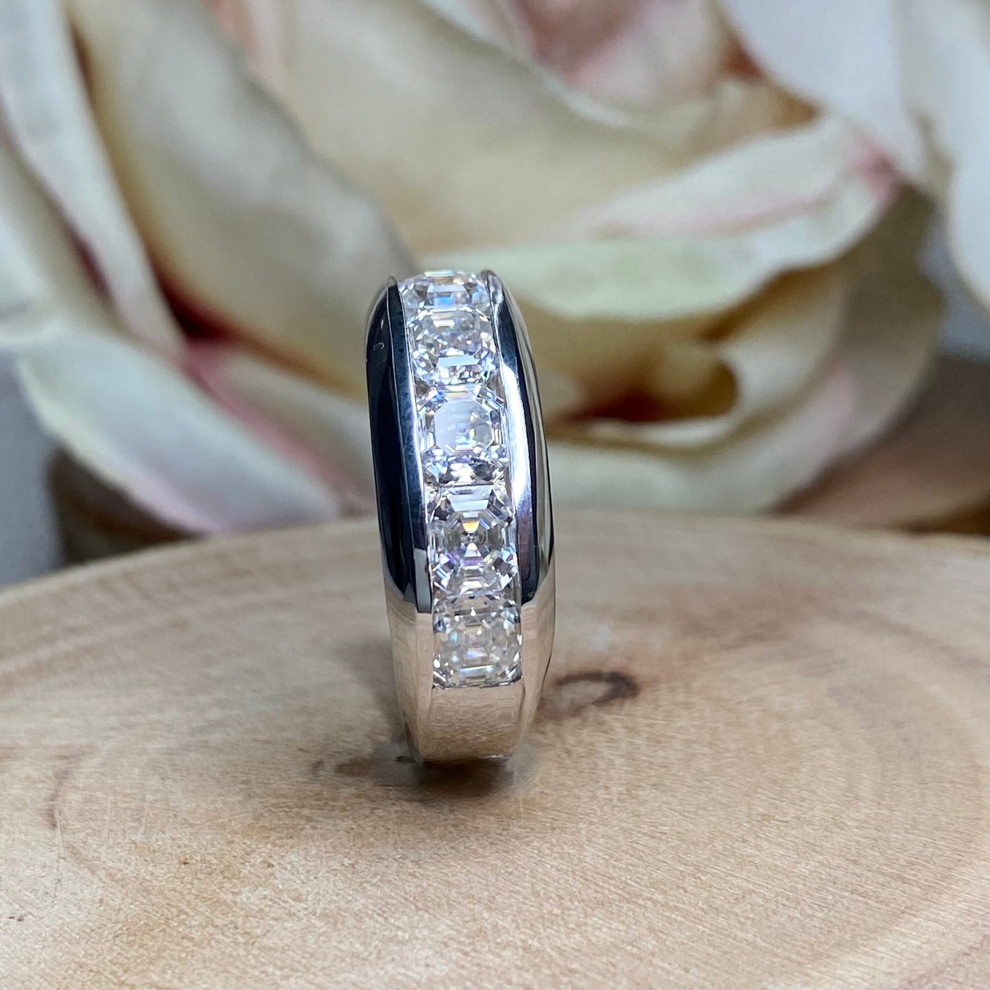 Mens Diamond Wedding Band 14K White Gold , Asscher Cut Moissanite Mans Wedding Band , Mens Promise Anniversary Ring  Mens Wedding Band #7258