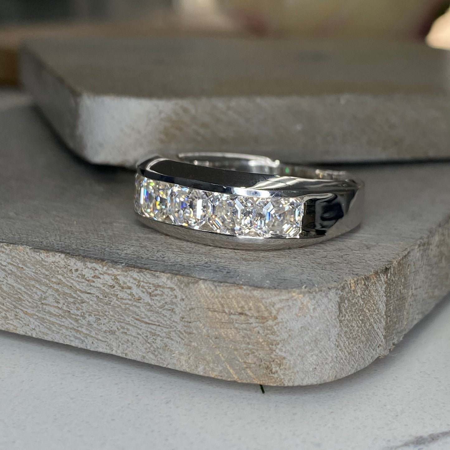 Mens Diamond Wedding Band 14K White Gold , Asscher Cut Moissanite Mans Wedding Band , Mens Promise Anniversary Ring  Mens Wedding Band #7258