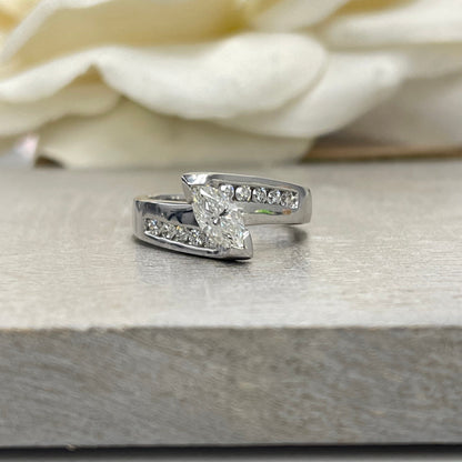 Marquis Diamond Engagement Ring 14K White Gold  Real Diamond Engagement Ring Marquis Cut , Bezel Set Diamond Promise Anniversary Ring  #3415