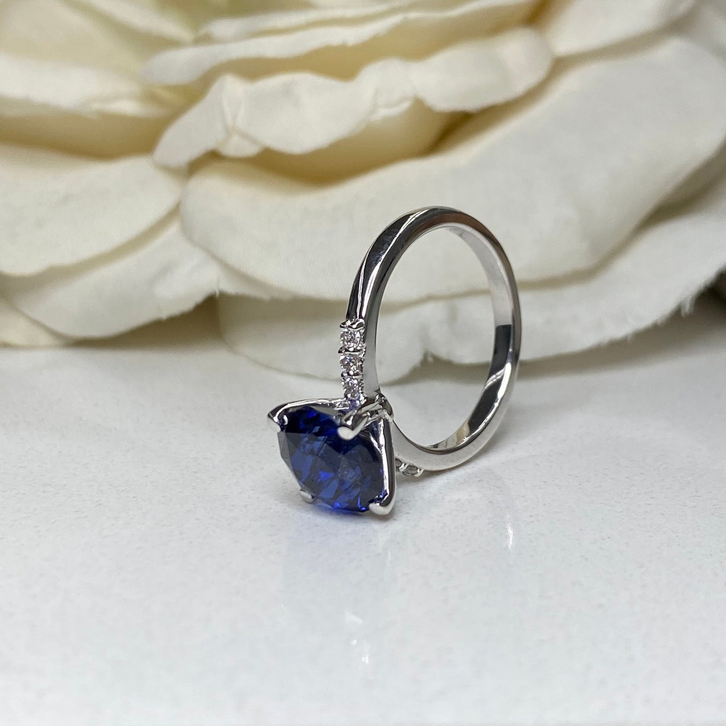 Round Blue Sapphire Engagement Ring 14k White Gold, Three Stone Blue Sapphire Engagement Rings , Blue Sapphire Promise Anniversary Ring 7259