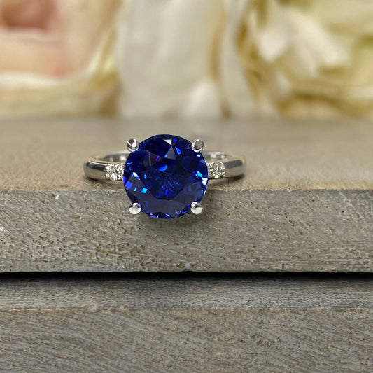 Round Blue Sapphire Engagement Ring 14k White Gold, Three Stone Blue Sapphire Engagement Rings , Blue Sapphire Promise Anniversary Ring 7259