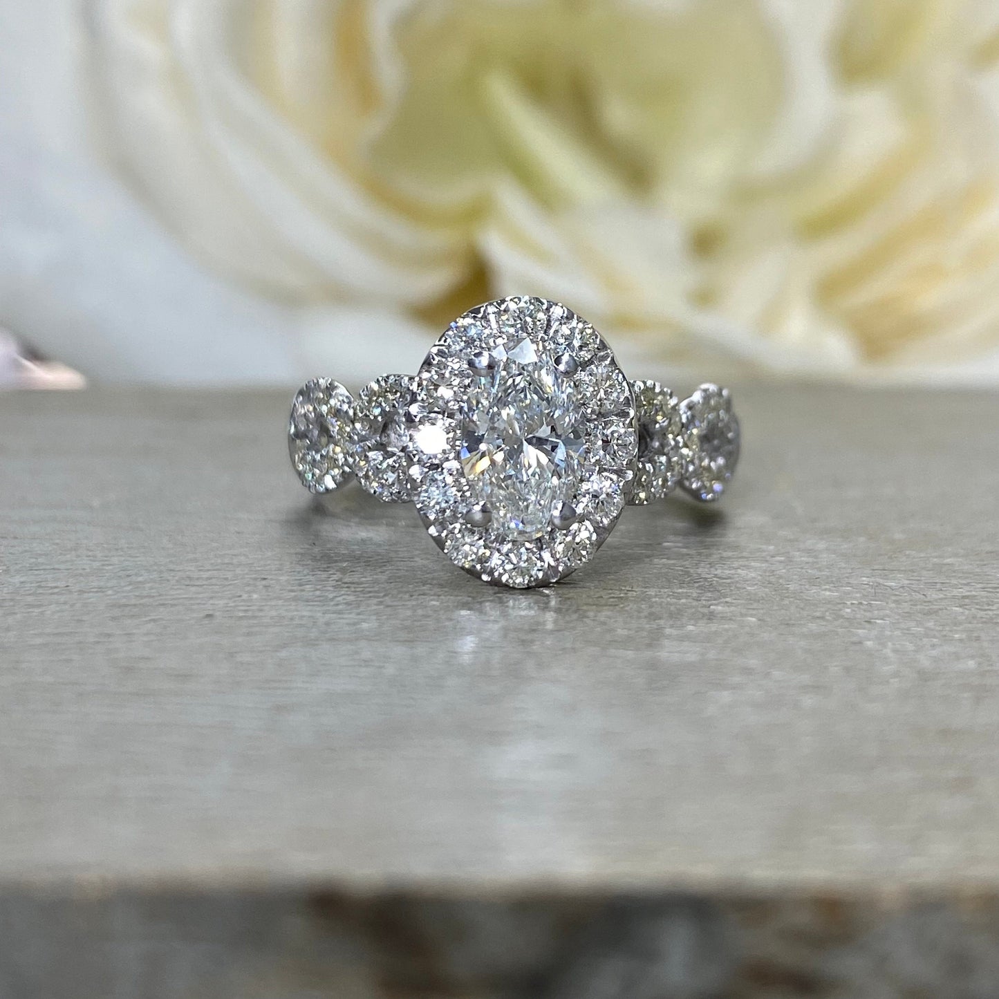 Genuine Oval Diamond Ring 14K White Gold, Vintage Style Twist Band Diamond Engagement Ring , Oval Diamond Halo Wedding Ring For Women  #3851
