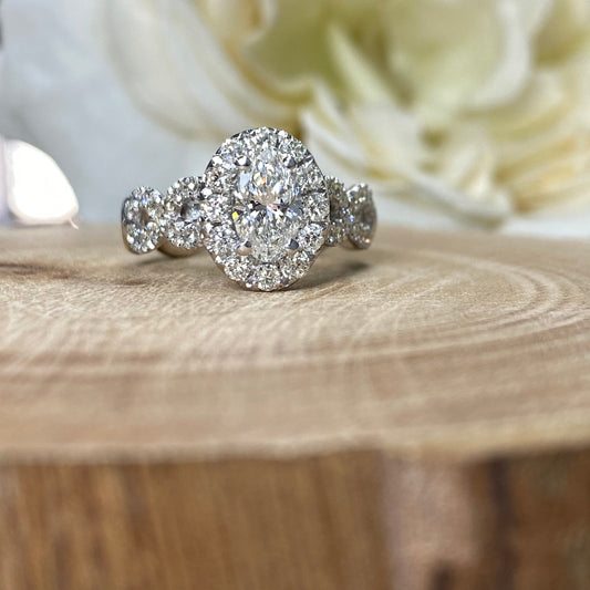 Genuine Oval Diamond Ring 14K White Gold, Vintage Style Twist Band Diamond Engagement Ring , Oval Diamond Halo Wedding Ring For Women  #3851