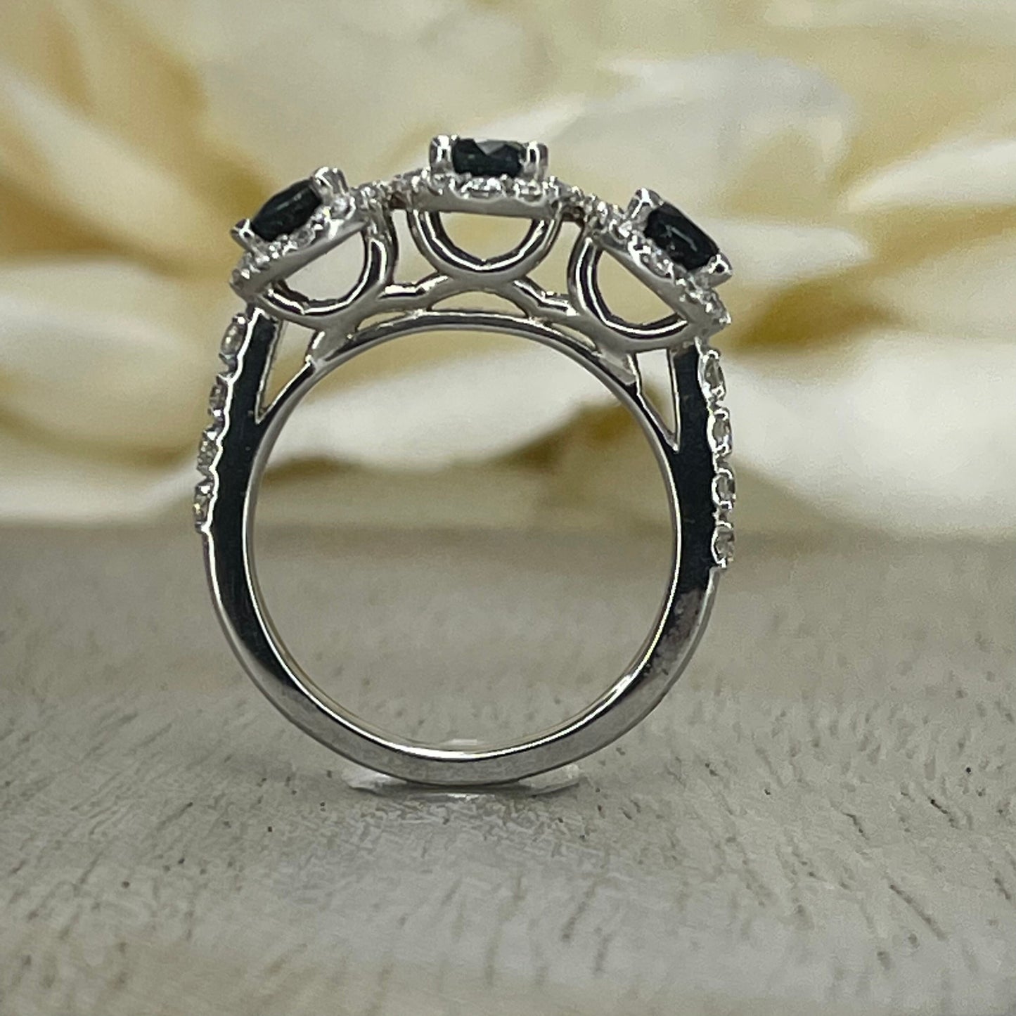 Natural Sapphire Three Stone Engagement Ring 14K Solid White Gold, Diamond Halo and Sapphire Wedding Ring, Genuine Sapphire Three Stone Ring
