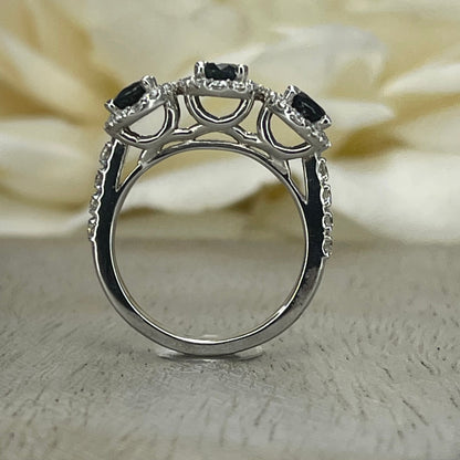 Natural Sapphire Three Stone Engagement Ring 14K Solid White Gold, Diamond Halo and Sapphire Wedding Ring, Genuine Sapphire Three Stone Ring