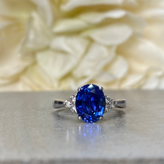 Oval Blue Sapphire And Diamond Ring 14K White Gold , Oval Cluster Sapphire Ring For Ladies , Unique Oval Blue Sapphire Engagement Ring #5606