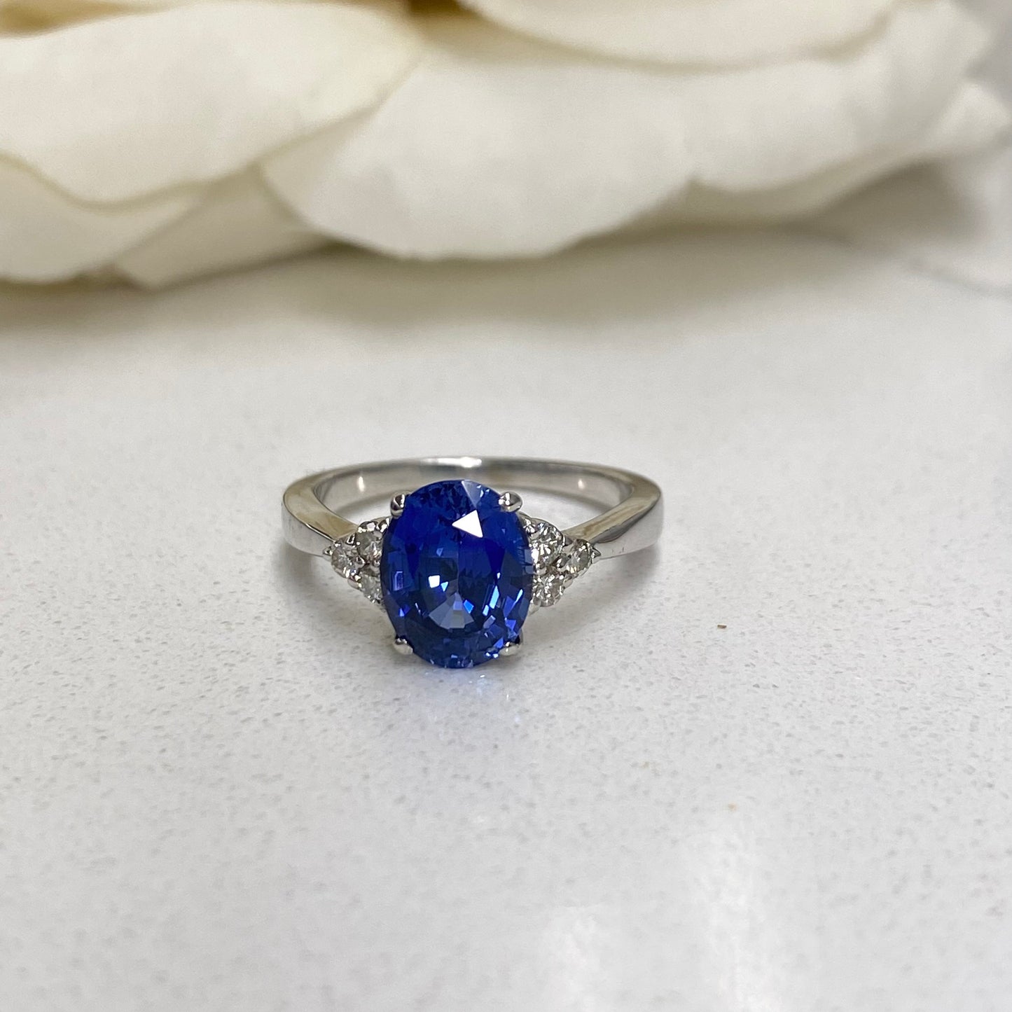 Oval Blue Sapphire And Diamond Ring 14K White Gold , Oval Cluster Sapphire Ring For Ladies , Unique Oval Blue Sapphire Engagement Ring #5606
