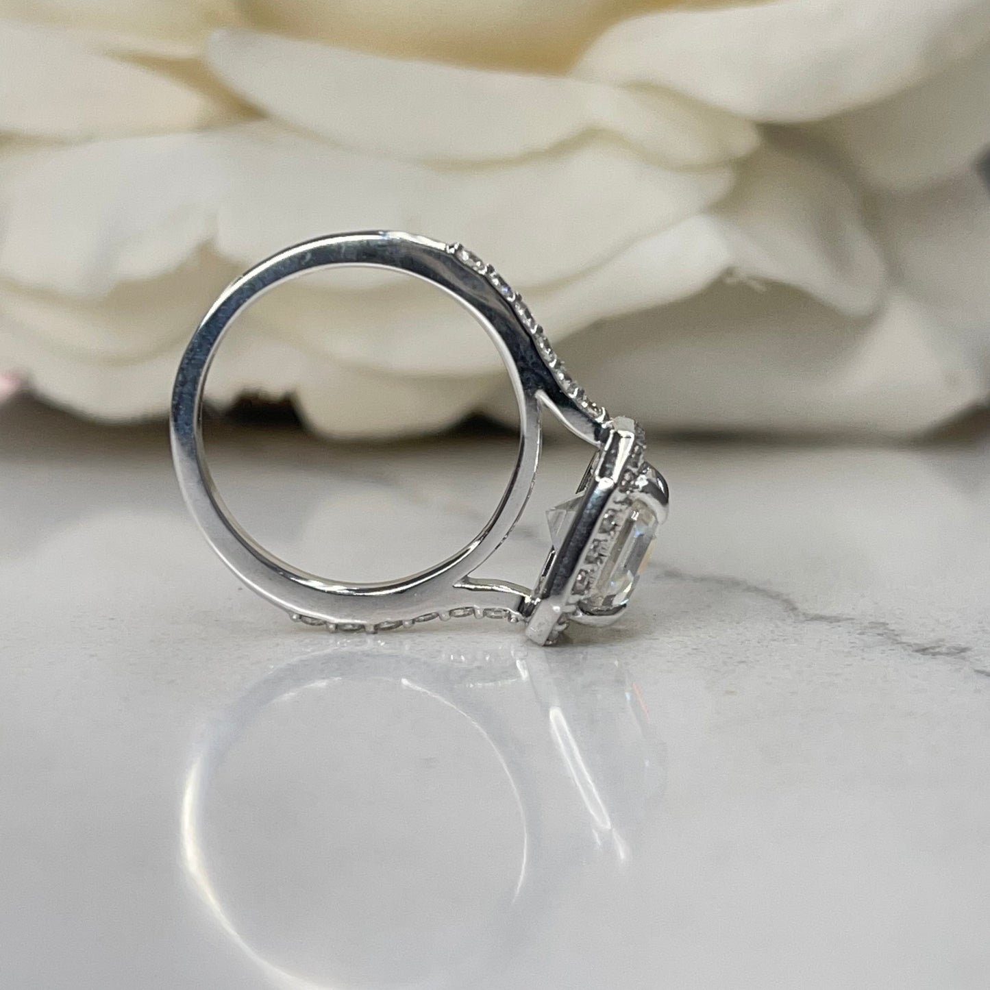 Asscher Cut Moissanite Engagement Ring 14K White Gold, Forever One Halo Engagement Ring For Women, Unique Vintage Wedding Promise Rings