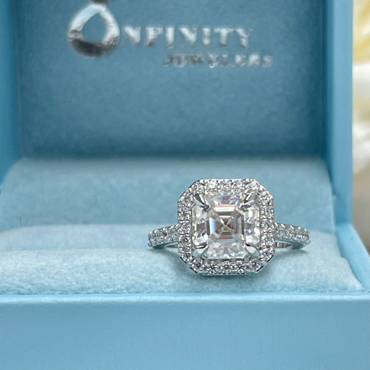 Asscher Cut Moissanite Engagement Ring 14K White Gold, Forever One Halo Engagement Ring For Women, Unique Vintage Wedding Promise Rings