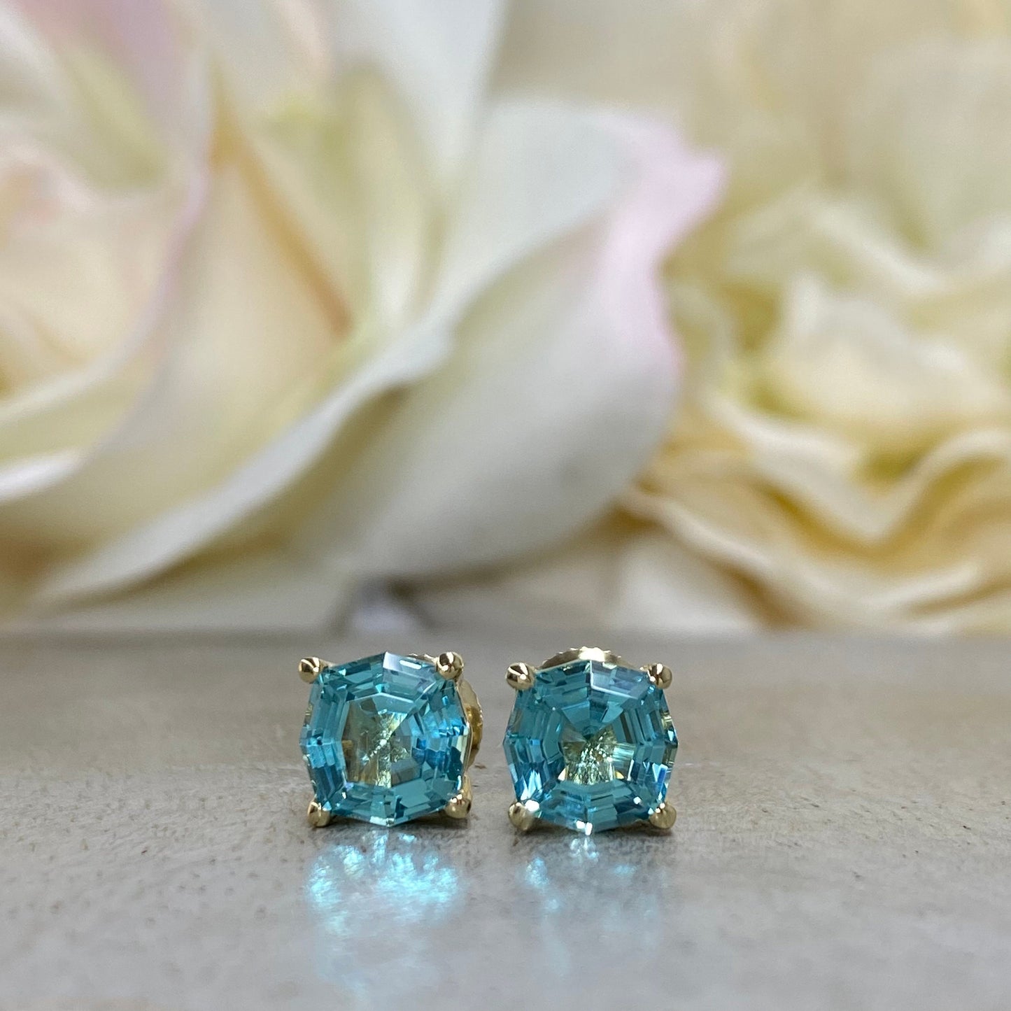 Blue Stone Stud Earrings, Web Cut Stud Earrings,  Neon Blue Paraiba Earrings, Octagon Earrings, 14k White Gold Studs