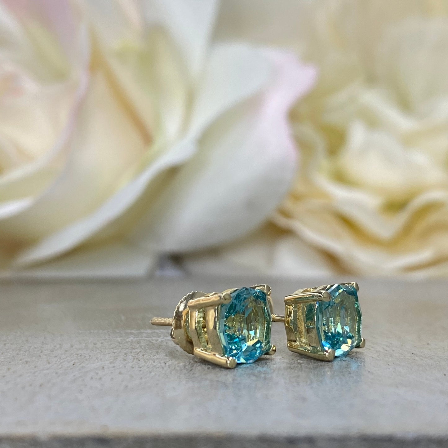 Blue Stone Stud Earrings, Web Cut Stud Earrings,  Neon Blue Paraiba Earrings, Octagon Earrings, 14k White Gold Studs