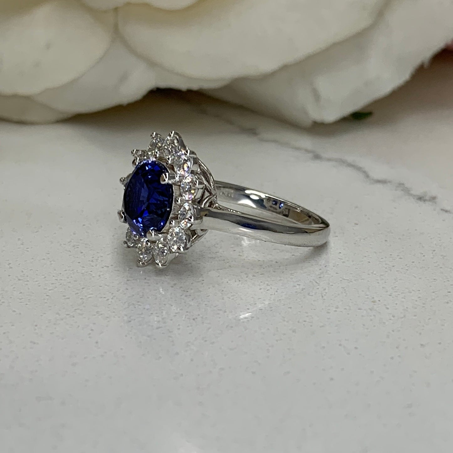 Blue Sapphire Engagement Ring 14K White Gold , Moissanite Halo Sapphire Engagement Ring Unique Blue Sapphire and Moissanite Halo Ring