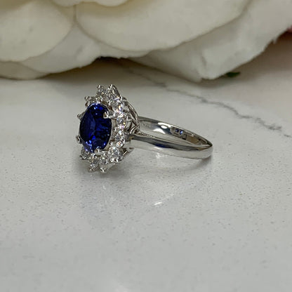 Blue Sapphire Engagement Ring 14K White Gold , Moissanite Halo Sapphire Engagement Ring Unique Blue Sapphire and Moissanite Halo Ring