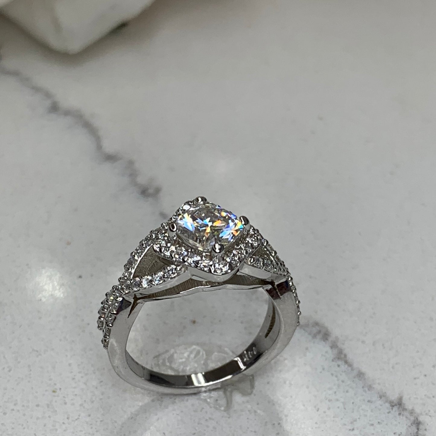 Cushion Cut Moissanite Engagement Ring 14K White Gold , Infinity Band Moissanite Ring , Unique Vintage Cushion Cut Engagement Rings ,  #7255