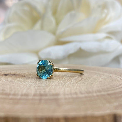 Paraiba Tourmaline Engagement Ring 14K Yellow Gold,  Round Solitaire Paraiba Tourmaline Engagement Rings, Neon Blue Paraiba Tourmaline #6163