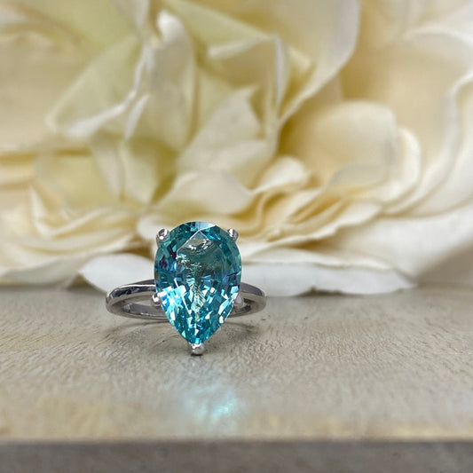 Neon Blue Paraiba Engagement Ring / Pear Shape Solitaire  / Paraiba Wedding Ring / 14k White Gold / #6418