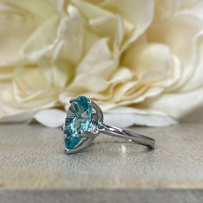 Neon Blue Paraiba Engagement Ring / Pear Shape Solitaire  / Paraiba Wedding Ring / 14k White Gold / #6418