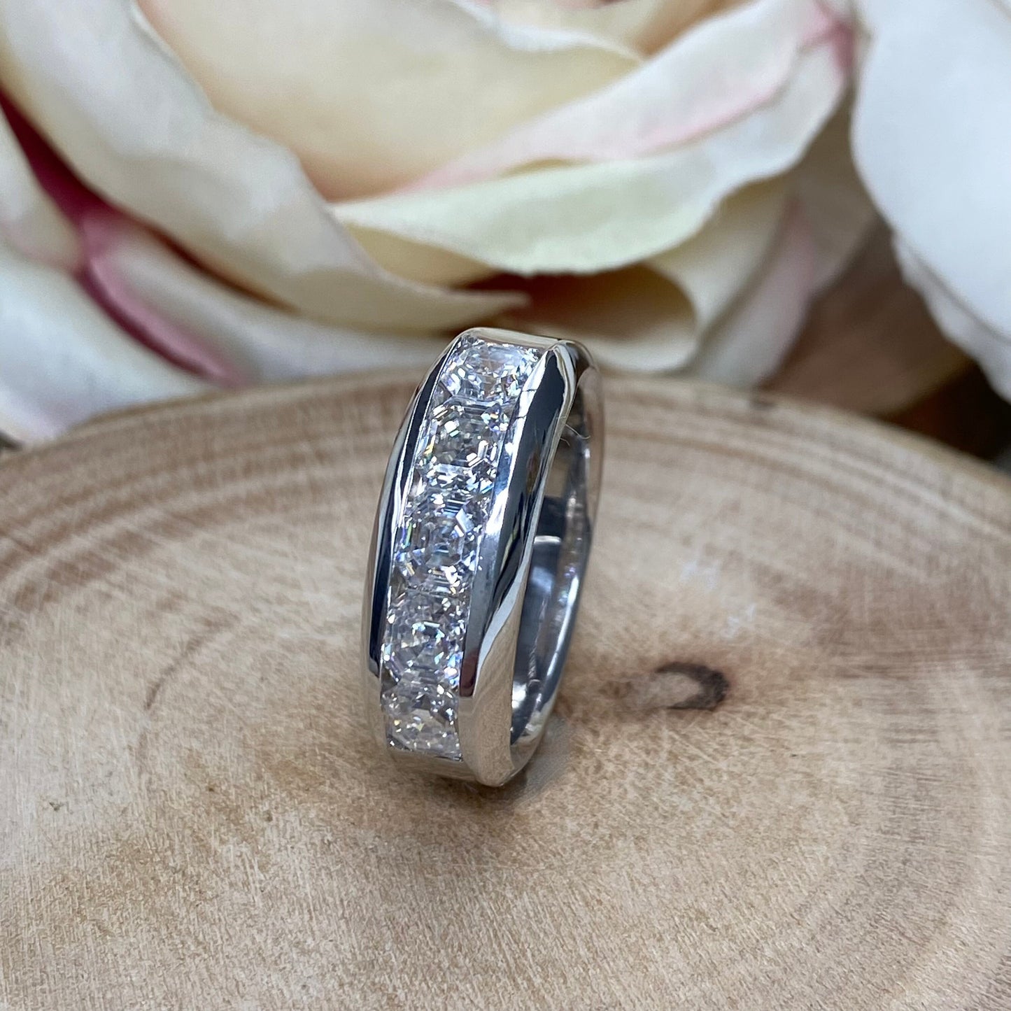 Mens Diamond Wedding Band 14K White Gold , Asscher Cut Moissanite Mans Wedding Band , Mens Promise Anniversary Ring  Mens Wedding Band #7258