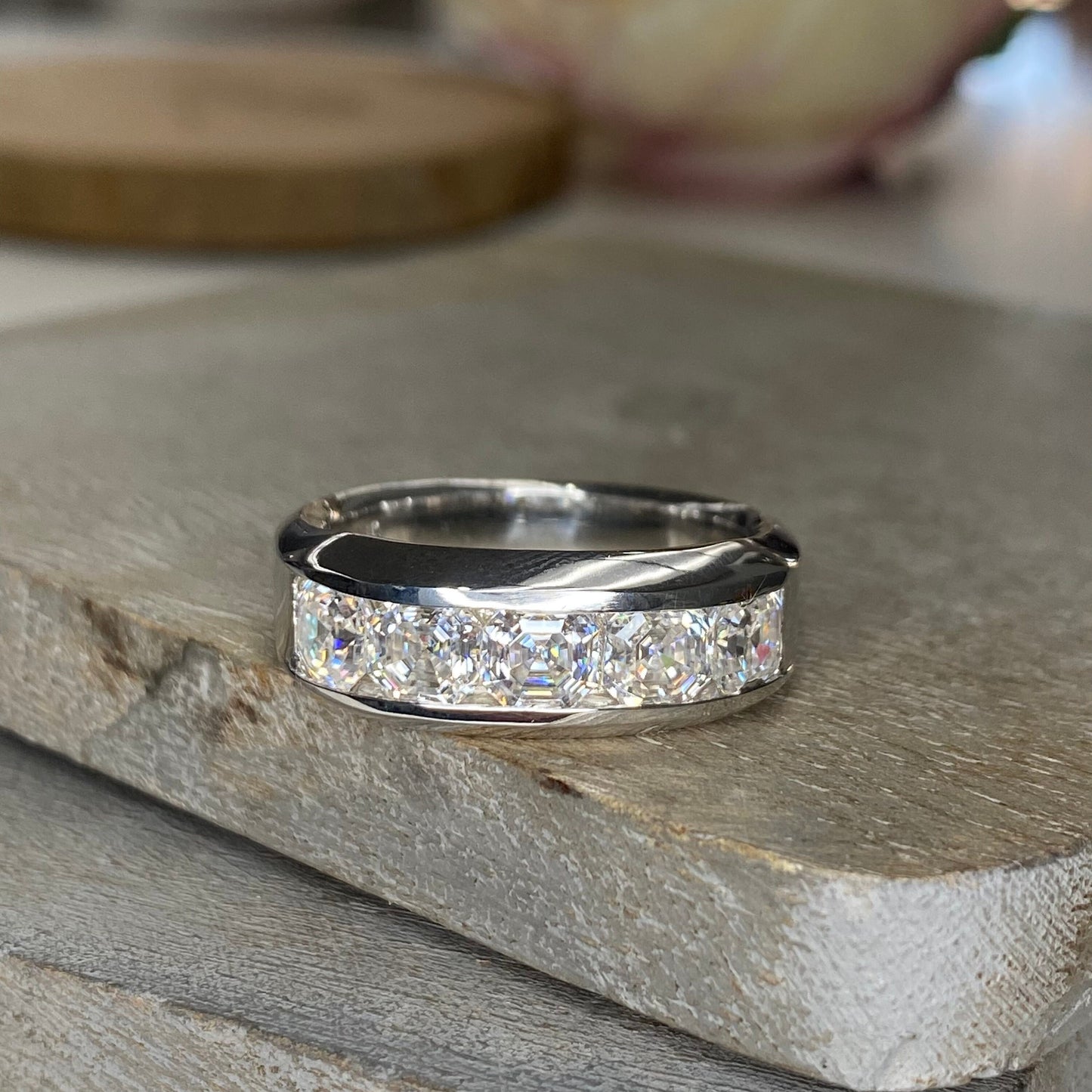 Mens Diamond Wedding Band 14K White Gold , Asscher Cut Moissanite Mans Wedding Band , Mens Promise Anniversary Ring  Mens Wedding Band #7258