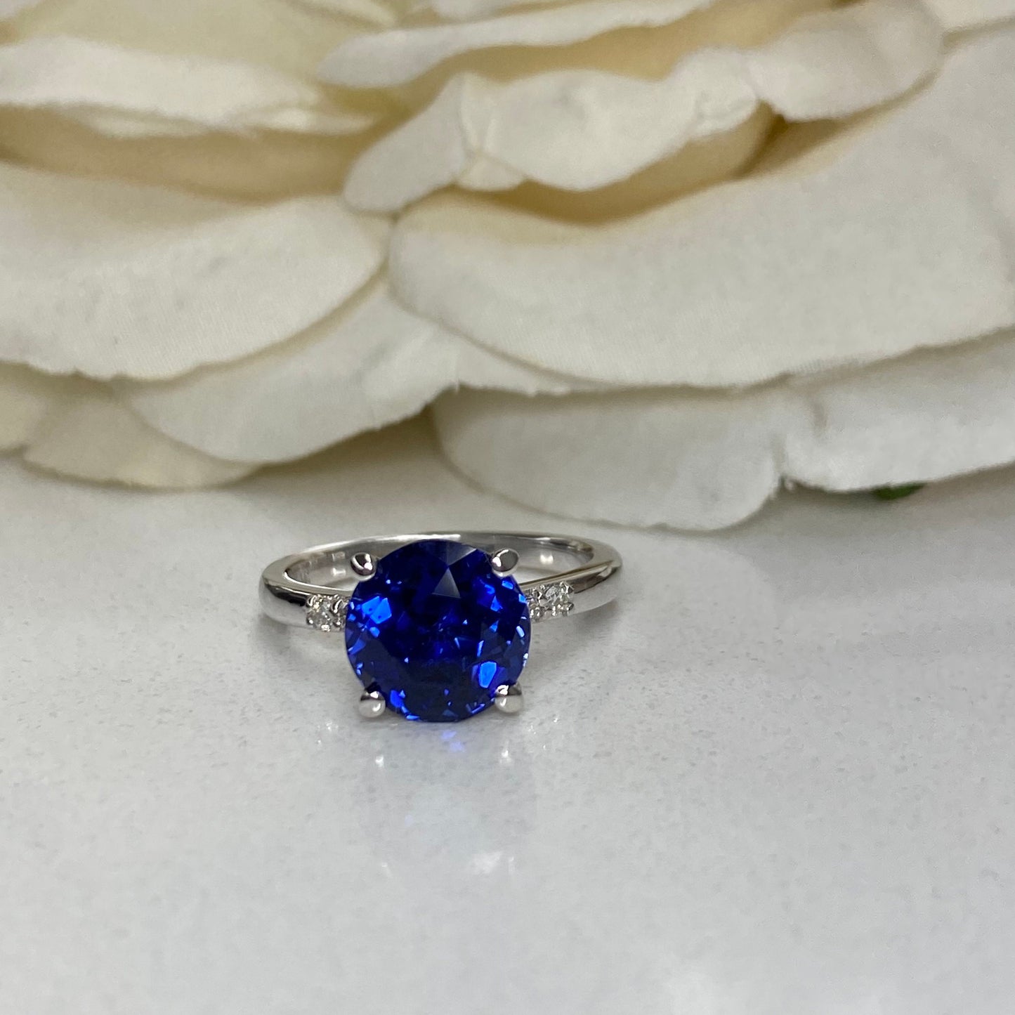 Round Blue Sapphire Engagement Ring 14k White Gold, Three Stone Blue Sapphire Engagement Rings , Blue Sapphire Promise Anniversary Ring 7259