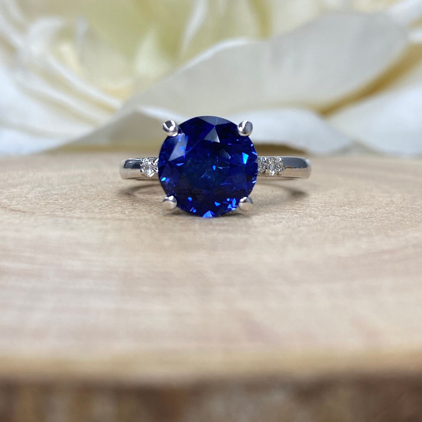 Round Blue Sapphire Engagement Ring 14k White Gold, Three Stone Blue Sapphire Engagement Rings , Blue Sapphire Promise Anniversary Ring 7259