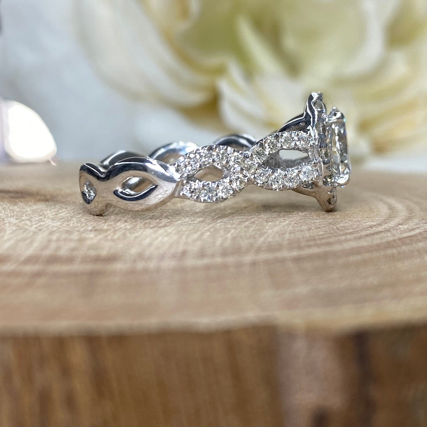 Genuine Oval Diamond Ring 14K White Gold, Vintage Style Twist Band Diamond Engagement Ring , Oval Diamond Halo Wedding Ring For Women  #3851