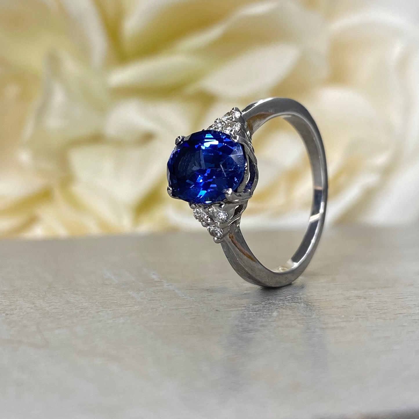 Oval Blue Sapphire And Diamond Ring 14K White Gold , Oval Cluster Sapphire Ring For Ladies , Unique Oval Blue Sapphire Engagement Ring #5606