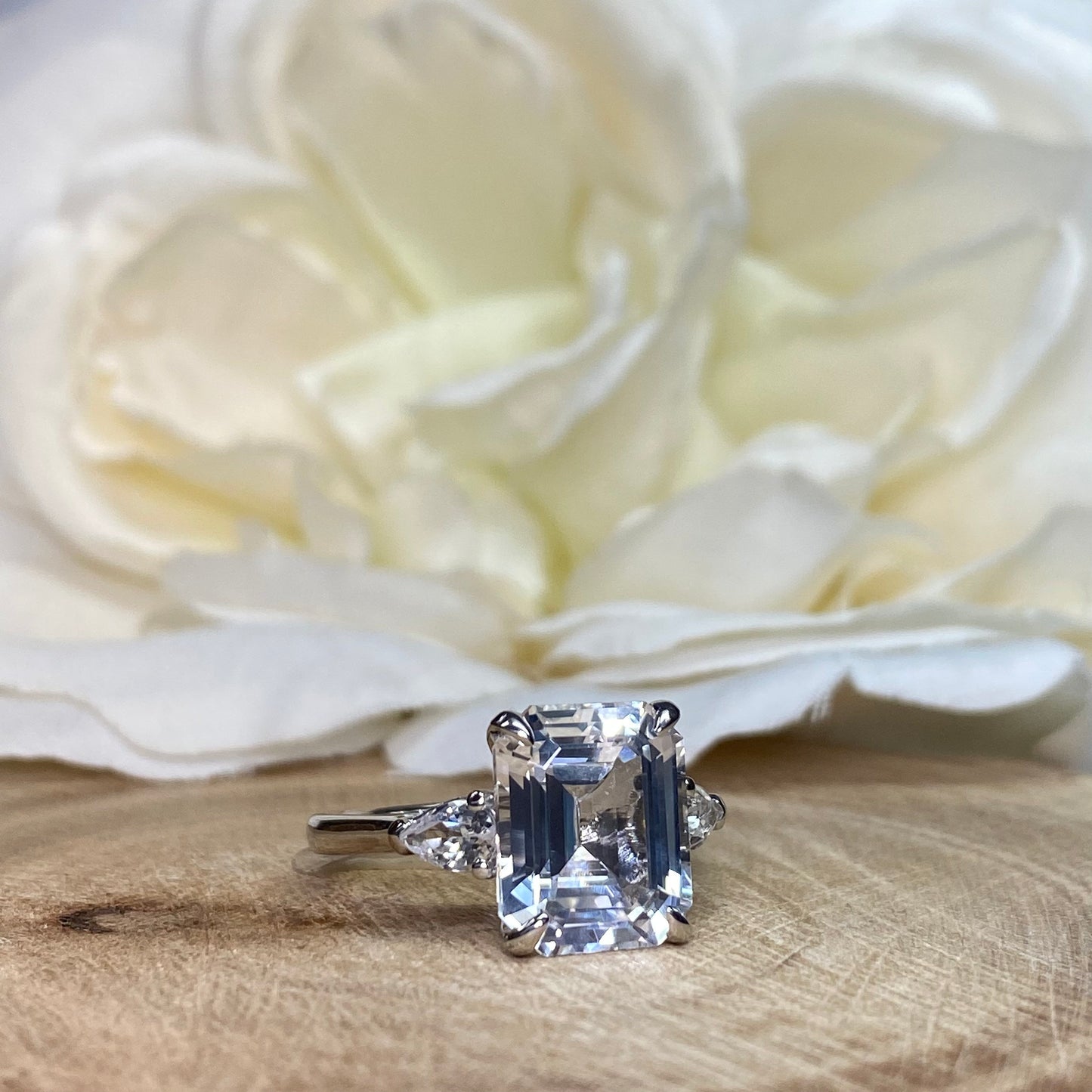Emerald Cut Moissanite Engagement Ring 14k White Gold Three Stone Emerald Cut Engagement Ring Solitaire Moissanite Engagement Rings  #7290