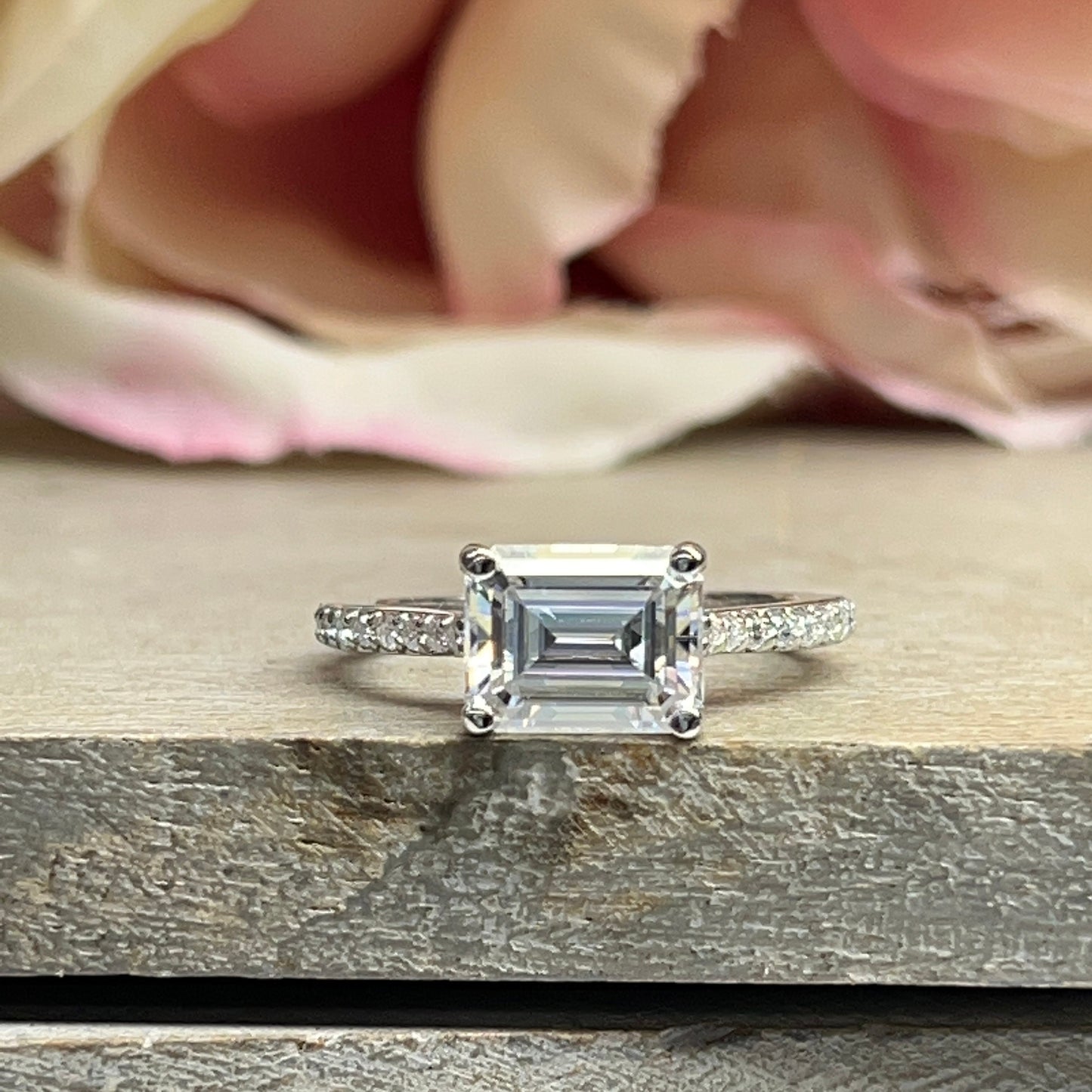 Moissanite Engagement Ring Emerald Cut For Women 14K Solid White Gold Ring, Unique Sideways Emerald Cut Moissanite Minimalist Ring, #5859