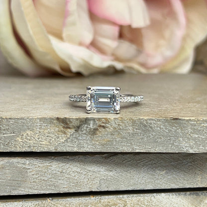 Moissanite Engagement Ring Emerald Cut For Women 14K Solid White Gold Ring, Unique Sideways Emerald Cut Moissanite Minimalist Ring, #5859