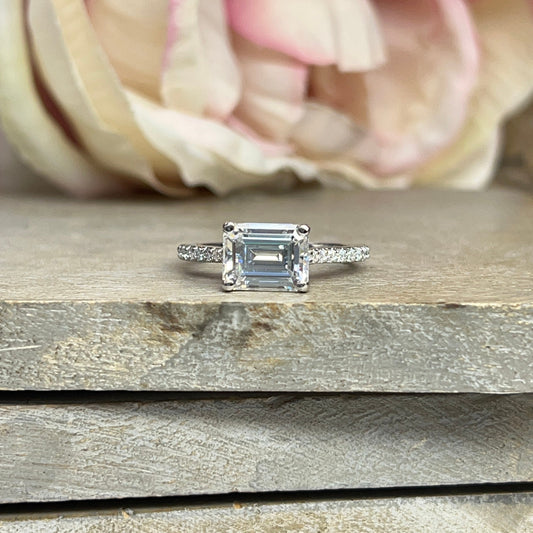 Moissanite Engagement Ring Emerald Cut For Women 14K Solid White Gold Ring, Unique Sideways Emerald Cut Moissanite Minimalist Ring, #5859