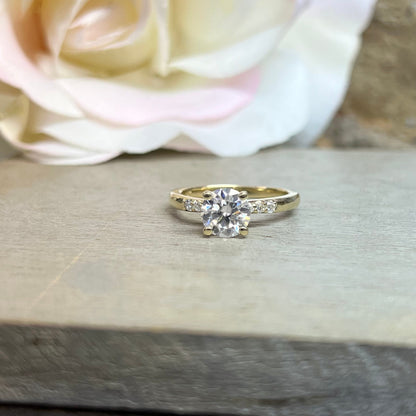Round Moissanite Engagement Ring 14K Yellow Gold , Ladies Dainty Round Moissanite Engagement Rings , Thin Band Wedding Promise Ring  , #7293