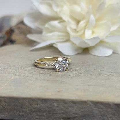 Round Moissanite Engagement Ring 14K Yellow Gold , Ladies Dainty Round Moissanite Engagement Rings , Thin Band Wedding Promise Ring  , #7293