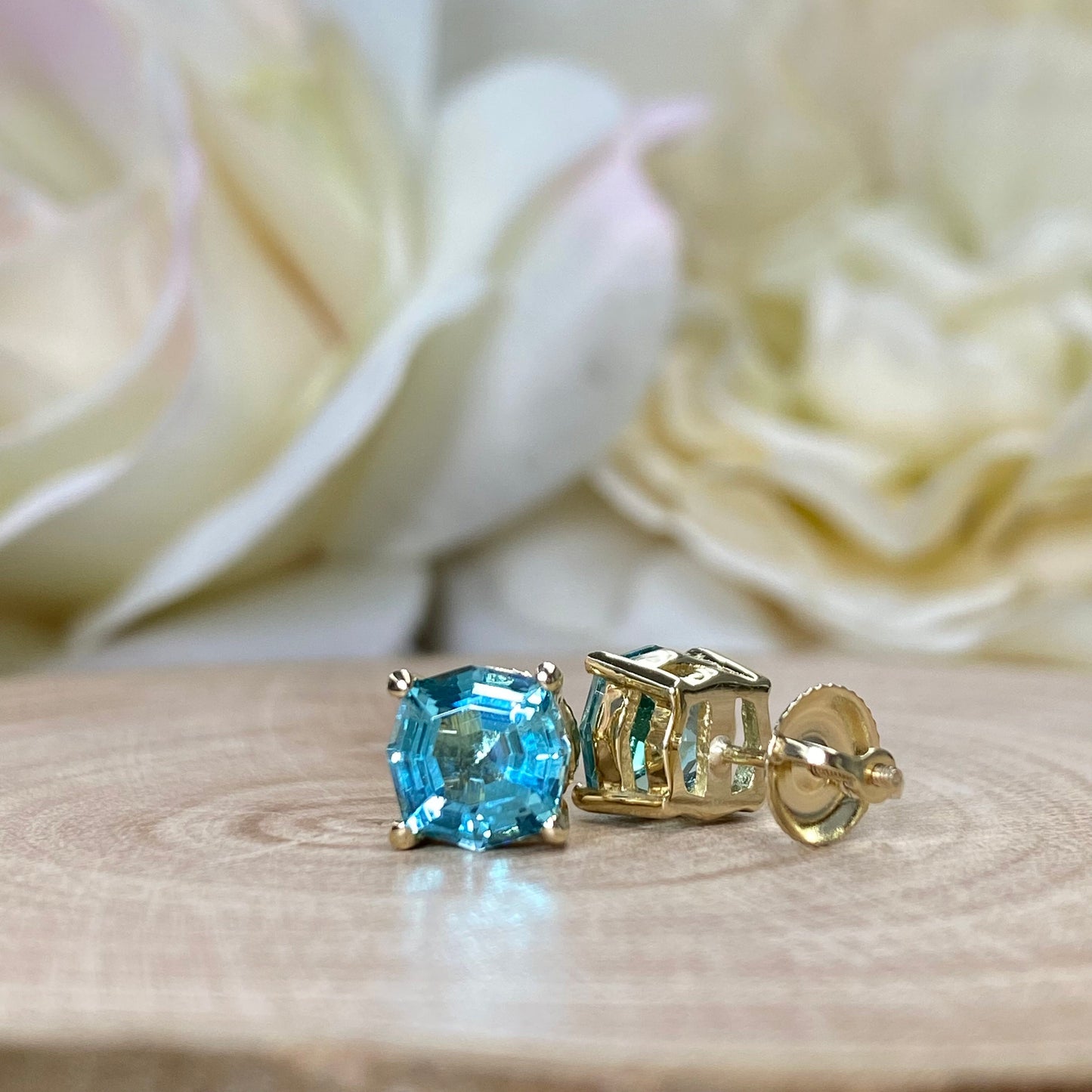 Blue Stone Stud Earrings, Web Cut Stud Earrings,  Neon Blue Paraiba Earrings, Octagon Earrings, 14k White Gold Studs