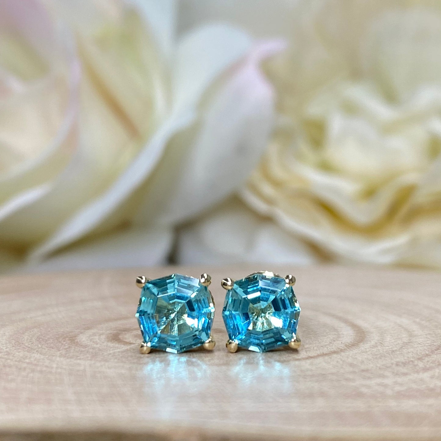 Blue Stone Stud Earrings, Web Cut Stud Earrings,  Neon Blue Paraiba Earrings, Octagon Earrings, 14k White Gold Studs