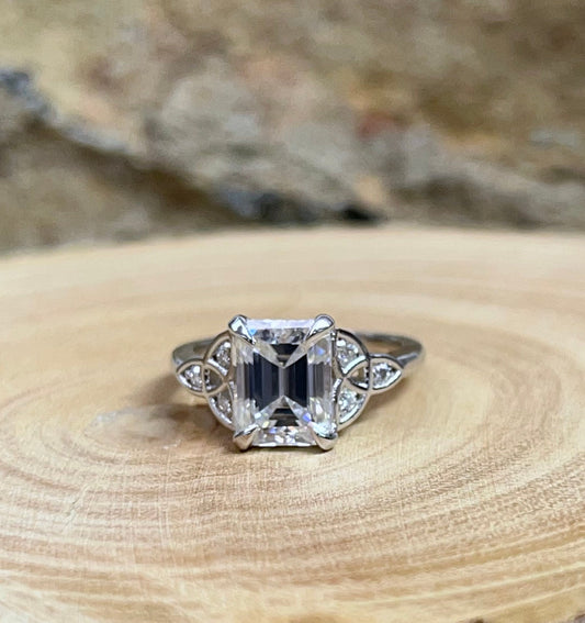 Emerald Cut Moissanite Engagement Ring 14K White Gold Celtic Engagement Ring Moissanite Forever One Wedding Promise Anniversary Ring   #7295