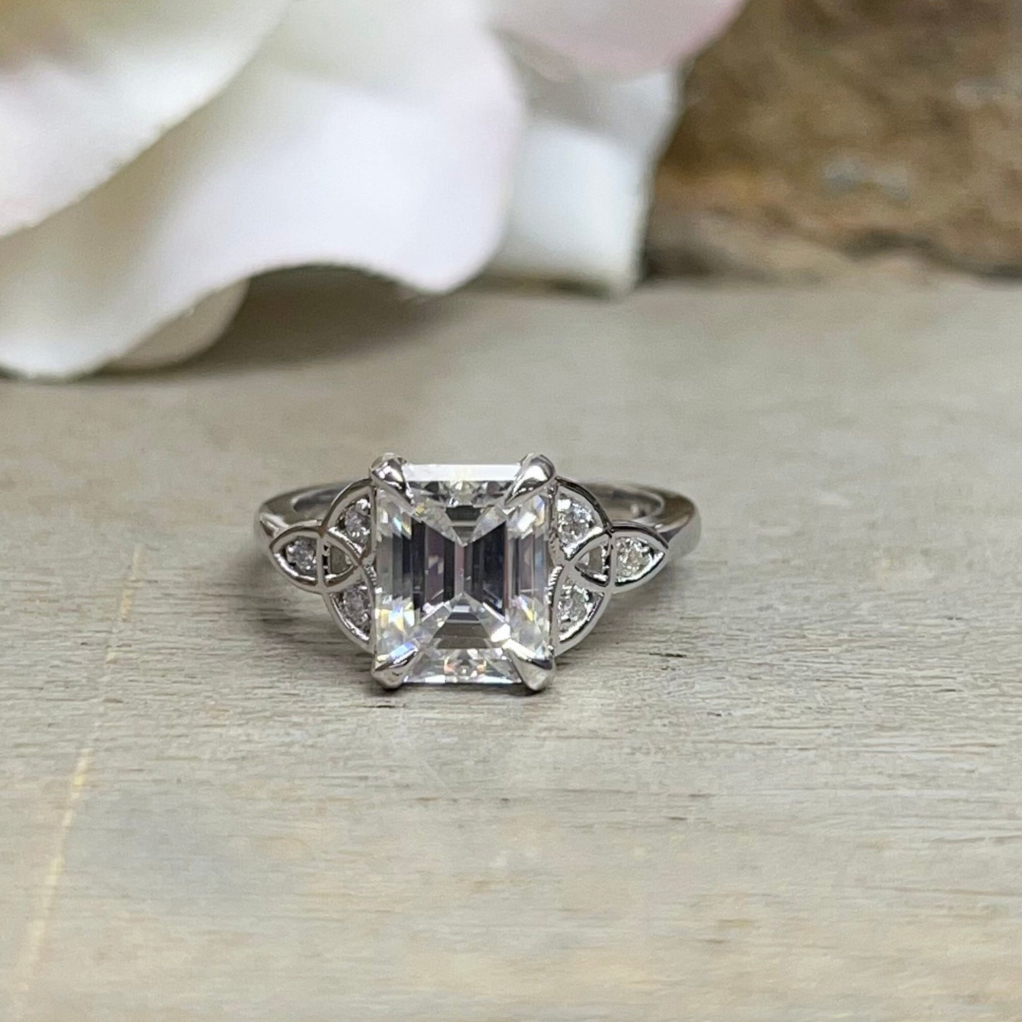 Emerald Cut Moissanite Engagement Ring 14K White Gold Celtic Engagement Ring Moissanite Forever One Wedding Promise Anniversary Ring   #7295