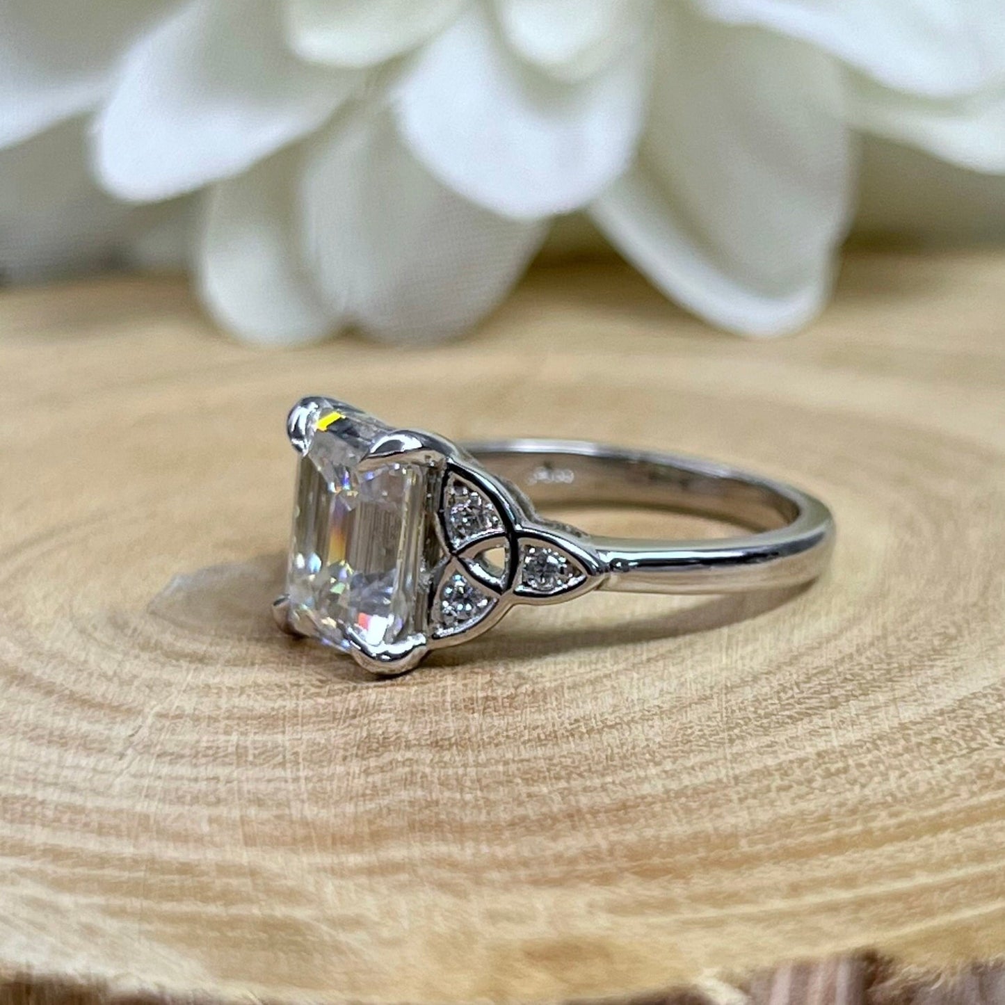 Emerald Cut Moissanite Engagement Ring 14K White Gold Celtic Engagement Ring Moissanite Forever One Wedding Promise Anniversary Ring   #7295