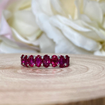 Oval Cut Ruby Eight Stone Wedding Band 14K Yellow Gold Half Eternity Wedding Band Rubies Ladies Rudy Promise Anniversary Wedding Bands #6366