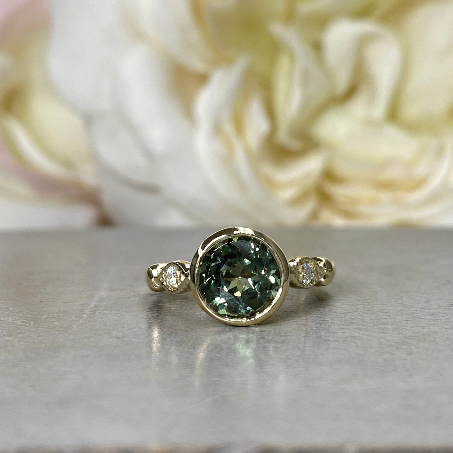 Round Olive Green Sapphire Bezel Set Engagement Ring 14K Yellow Gold Green Sapphire Ladies Ring Unique Vintage Sapphire Promise Ring  #7273