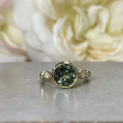 Round Olive Green Sapphire Bezel Set Engagement Ring 14K Yellow Gold Green Sapphire Ladies Ring Unique Vintage Sapphire Promise Ring  #7273