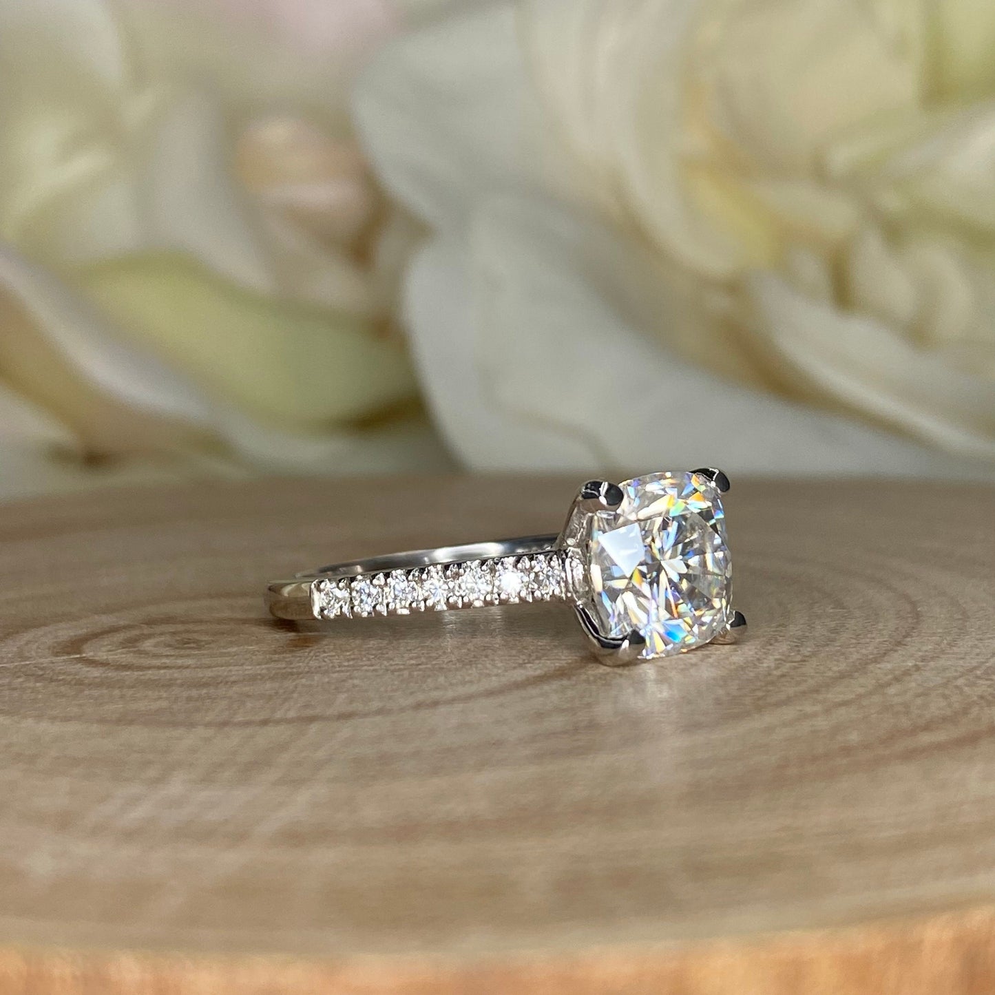 Moissanite Cushion Cut Engagement Ring 14K White Gold Cushion Solitaire Engagement Ring Forever One Simple Solitaire Engagement Ring #7275