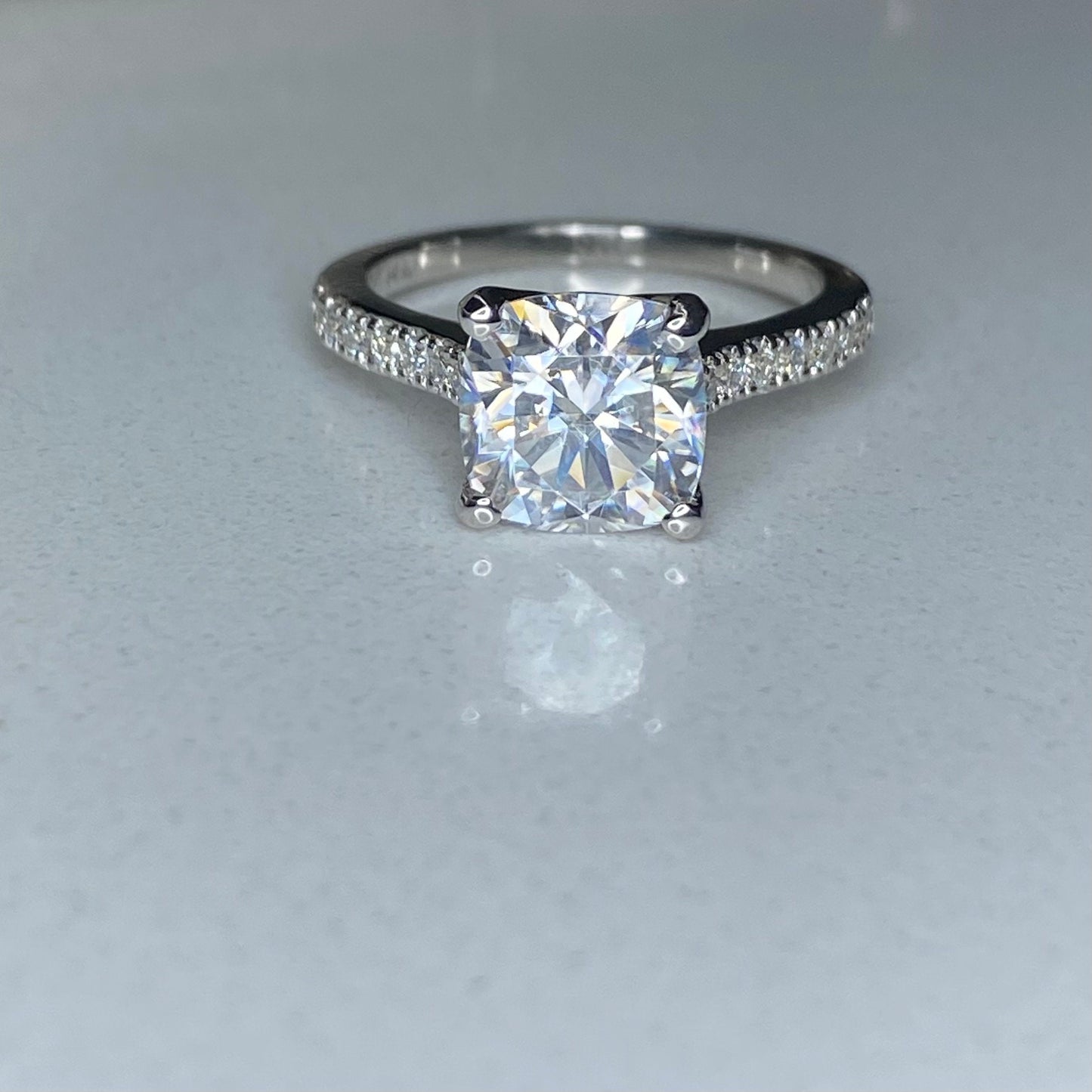 Moissanite Cushion Cut Engagement Ring 14K White Gold Cushion Solitaire Engagement Ring Forever One Simple Solitaire Engagement Ring #7275