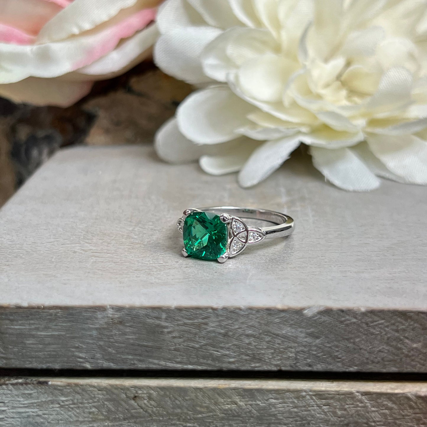 Cushion Cut Emerald Engagement Ring 14K Yellow Gold Green Emerald  Celtic Engagement Rings Moissanite Celtic Gold Wedding Promise Ring #7297