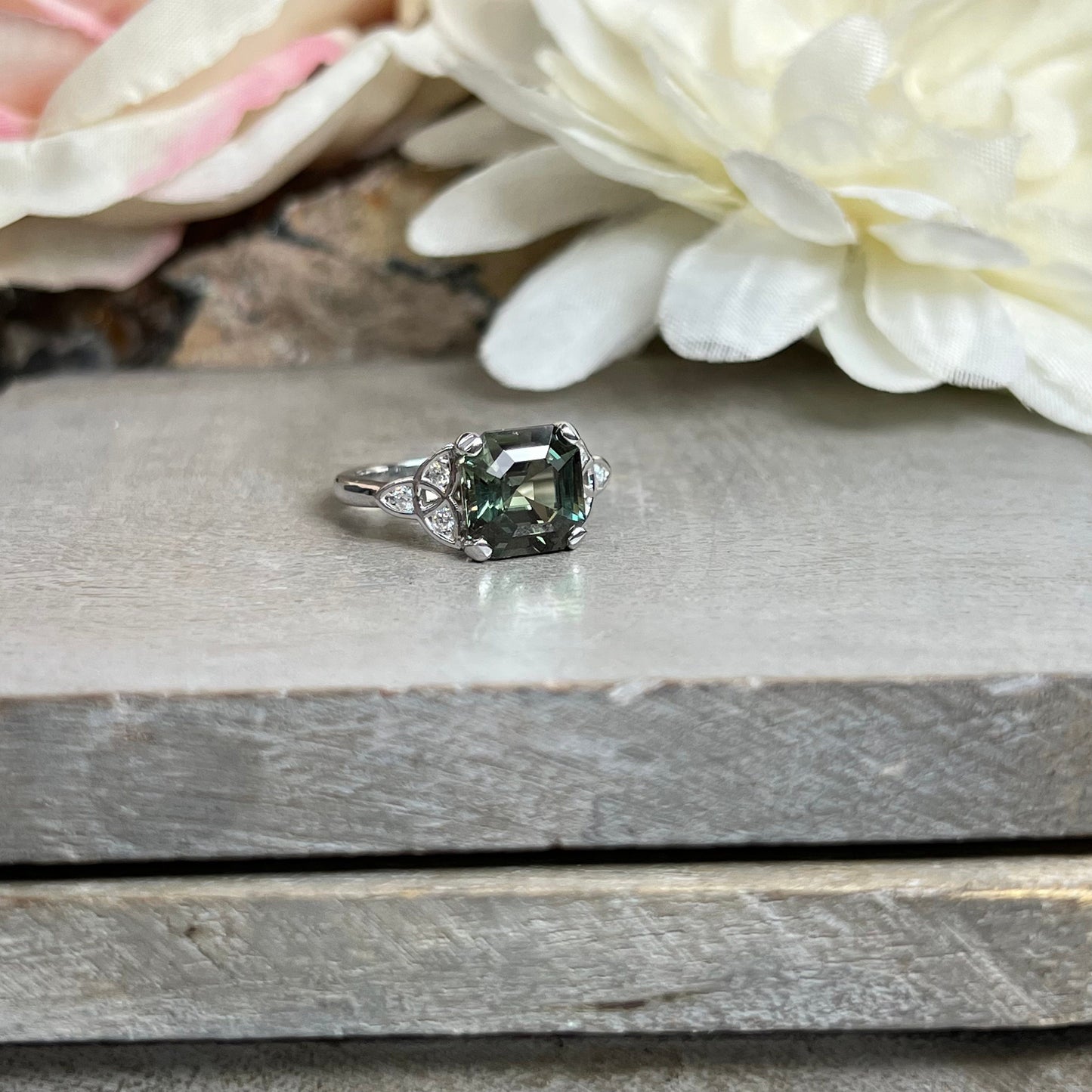 Asscher Cut Olive Green Sapphire Engagement Ring 14K White Gold Unique Olive Green Sapphire Promise Wedding Anniversary Ring For Ladies