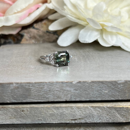 Asscher Cut Olive Green Sapphire Engagement Ring 14K White Gold Unique Olive Green Sapphire Promise Wedding Anniversary Ring For Ladies