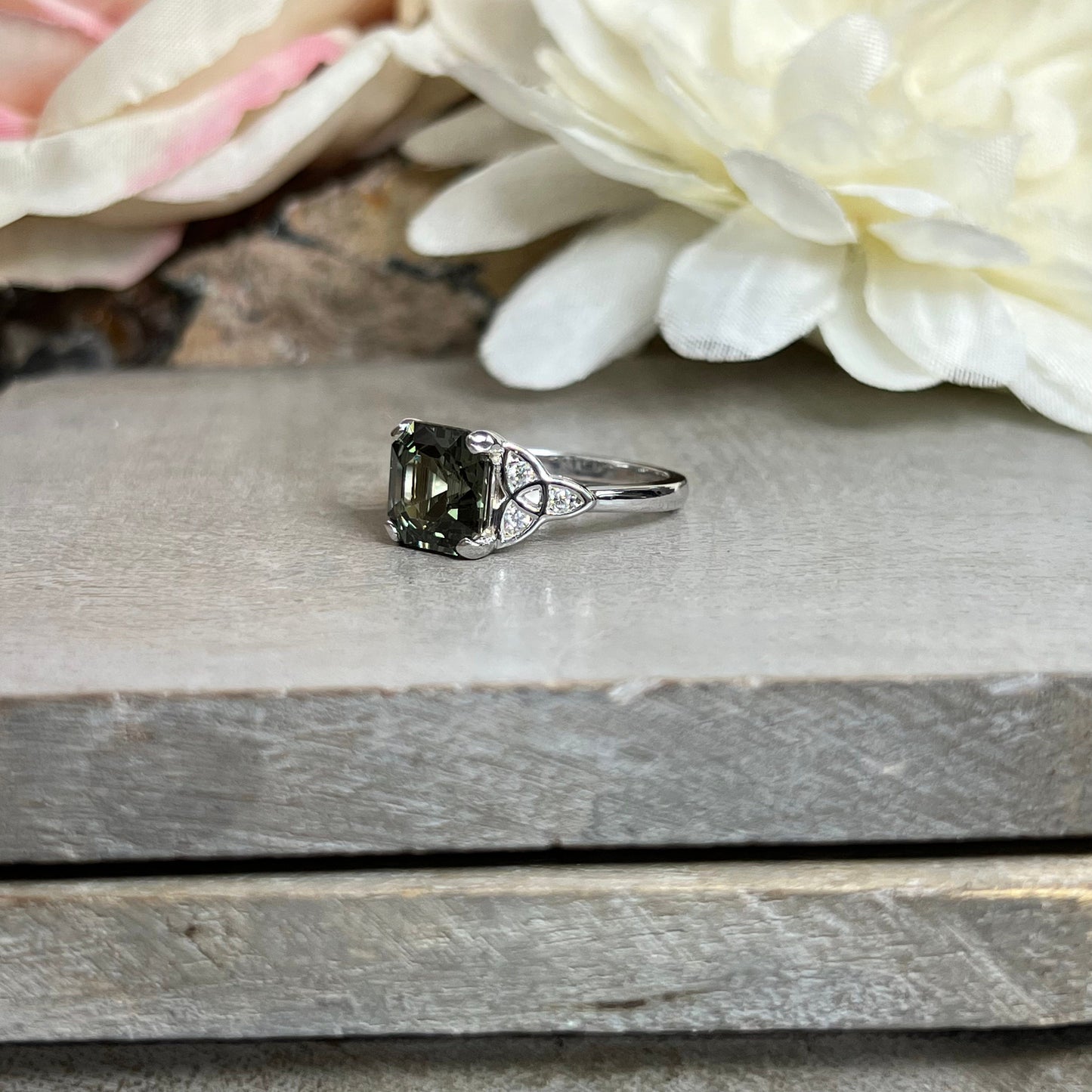 Asscher Cut Olive Green Sapphire Engagement Ring 14K White Gold Unique Olive Green Sapphire Promise Wedding Anniversary Ring For Ladies