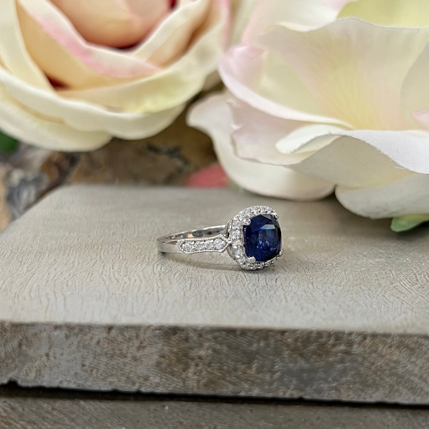 Cushion Cut Blue sapphire Engagement Ring Moissanite Halo 14K White Gold Unique Vintage Promise Anniversary Wedding Ring Set For Women #7302