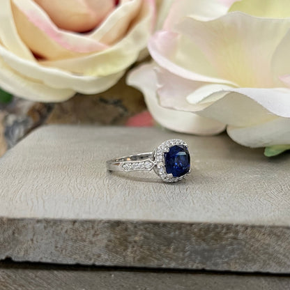 Cushion Cut Blue sapphire Engagement Ring Moissanite Halo 14K White Gold Unique Vintage Promise Anniversary Wedding Ring Set For Women #7302