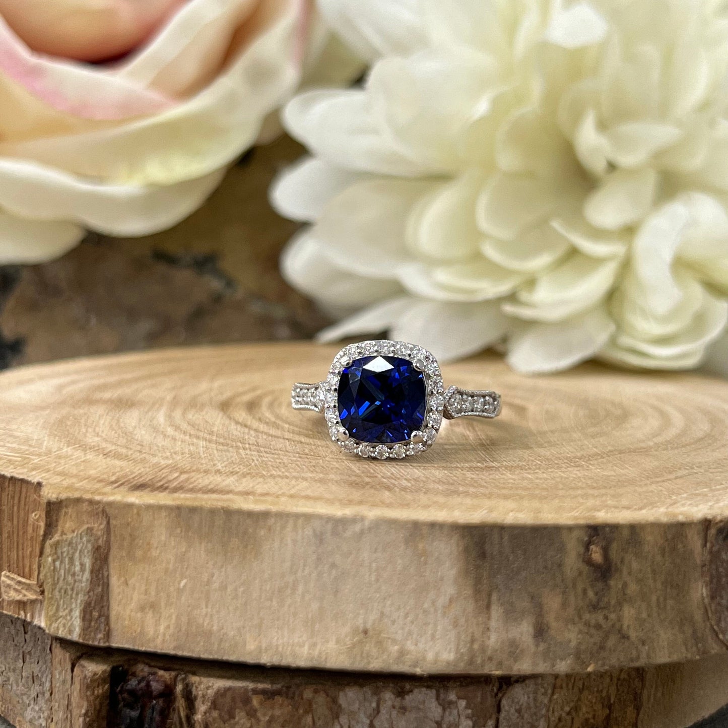 Cushion Cut Blue sapphire Engagement Ring Moissanite Halo 14K White Gold Unique Vintage Promise Anniversary Wedding Ring Set For Women #7302